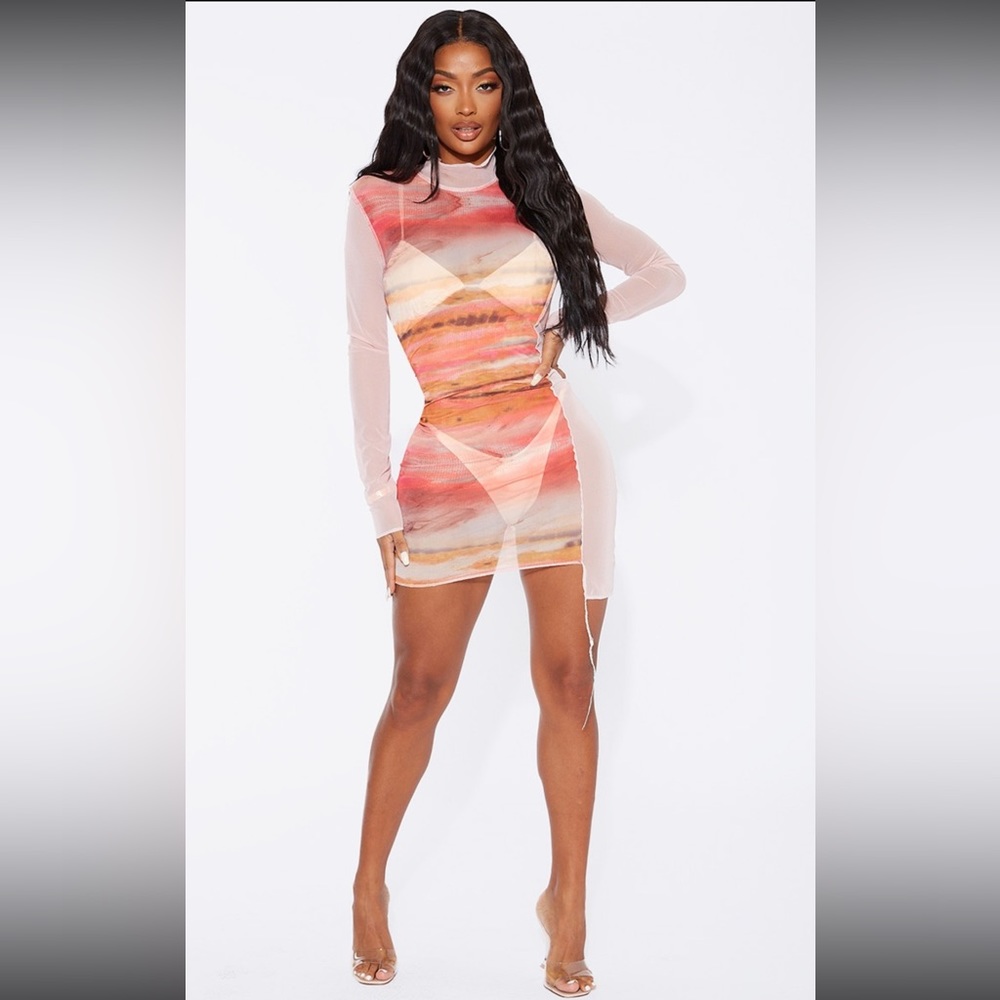 Pink tie dye mesh sheer bodycon dress